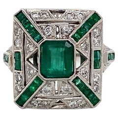 Art Deco Diamond Emerald Platinum Ring