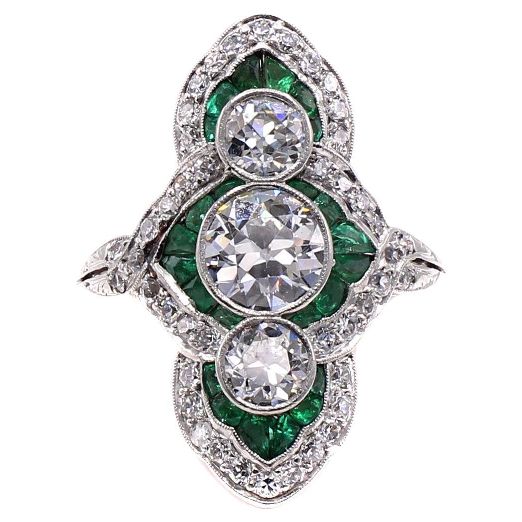 Art Deco Diamond Emerald Platinum Ring For Sale