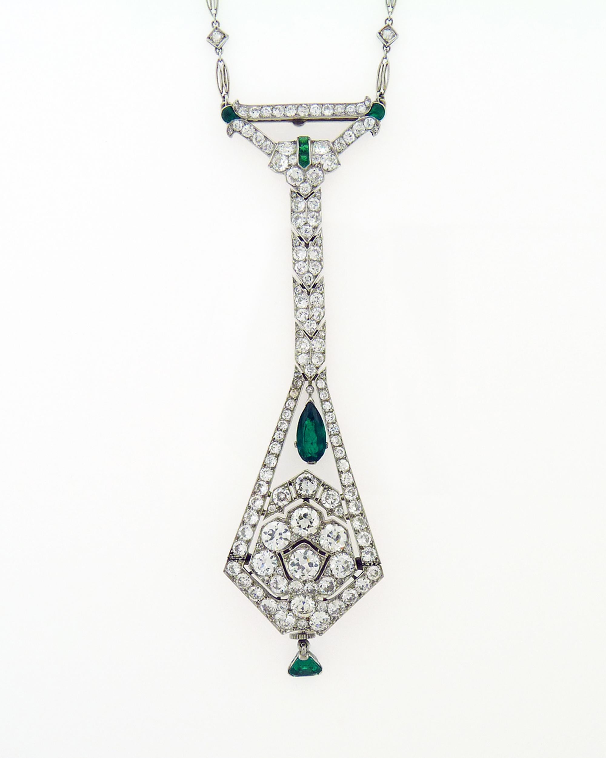 A beautiful and unique watch pendant on a chain. Originally a lapel watch from Art Deco period, converted into a pendant necklace. The watch on reverse is of manual movement, with leaf blued steel hands and Arabic numerals.
Old European-cut diamonds