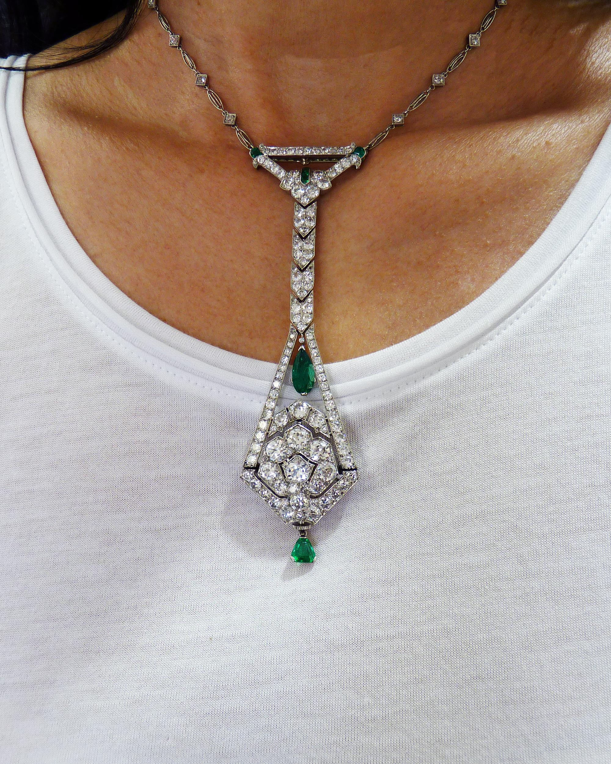 Mixed Cut Art Deco Diamond Emerald Platinum Watch Pendant Necklace For Sale