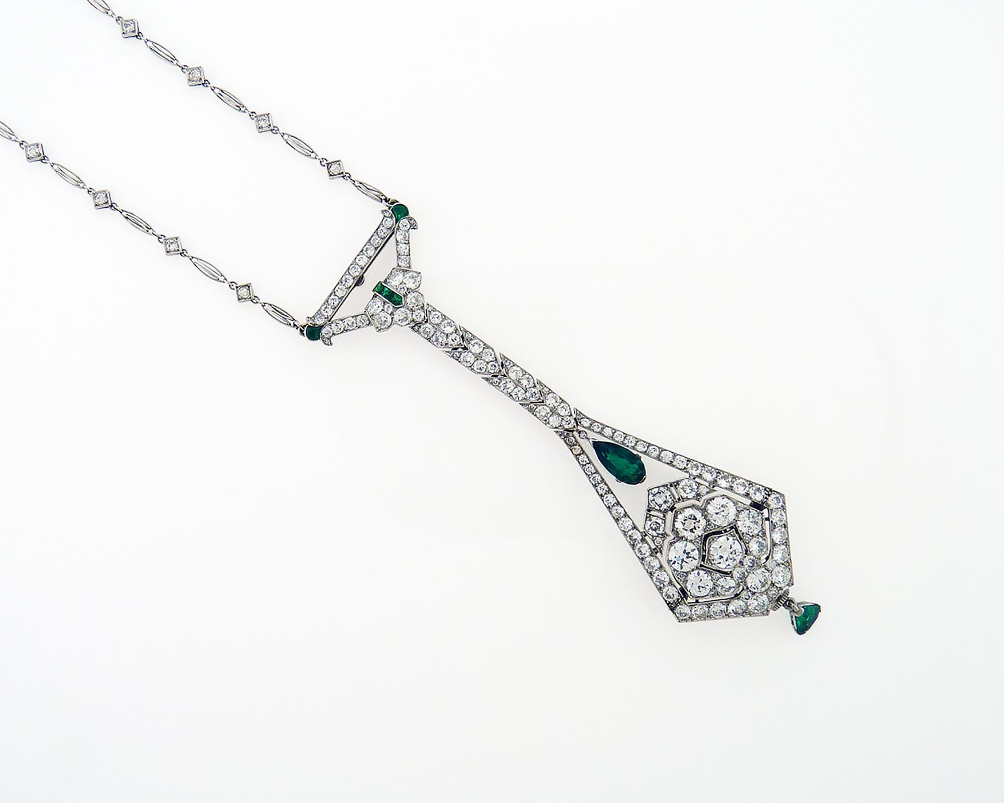 Art Deco Diamond Emerald Platinum Watch Pendant Necklace For Sale 2