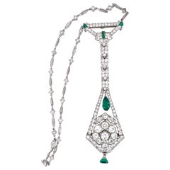 Antique Art Deco Diamond Emerald Platinum Watch Pendant Necklace