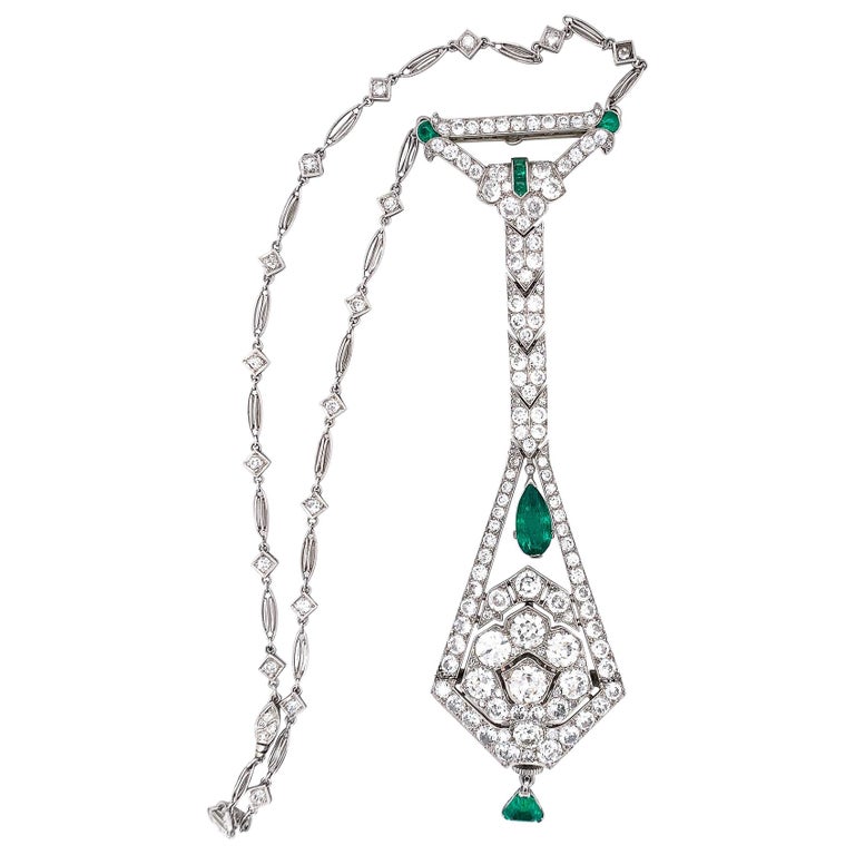 Art Deco Diamond Emerald Platinum Watch Pendant Necklace For Sale at ...