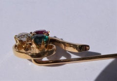 Art Deco Diamond Emerald Ruby 18 Karat Rose Gold Clover Stickpin