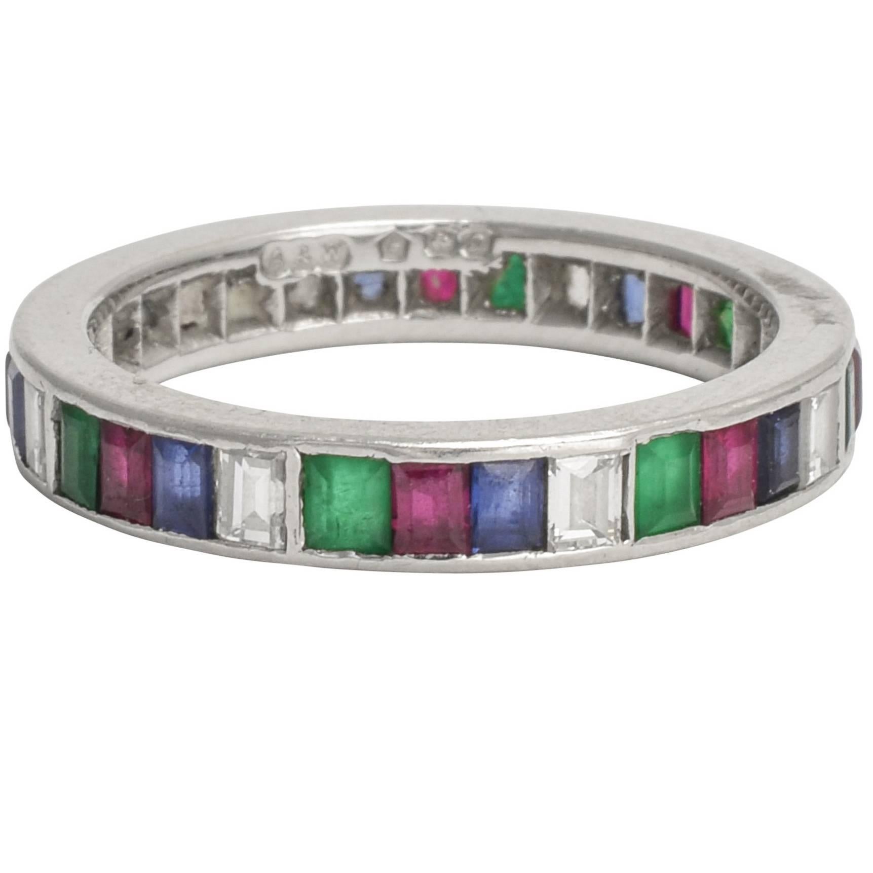 Art Deco Diamond Emerald Ruby Sapphire Platinum Eternity Band Ring