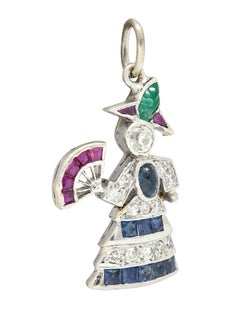 Art Deco Diamond Emerald Sapphire Ruby Platinum Flamenco Dancer Charm