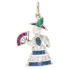 Used Art Deco Diamond Emerald Sapphire Ruby Platinum Flamenco Dancer Charm