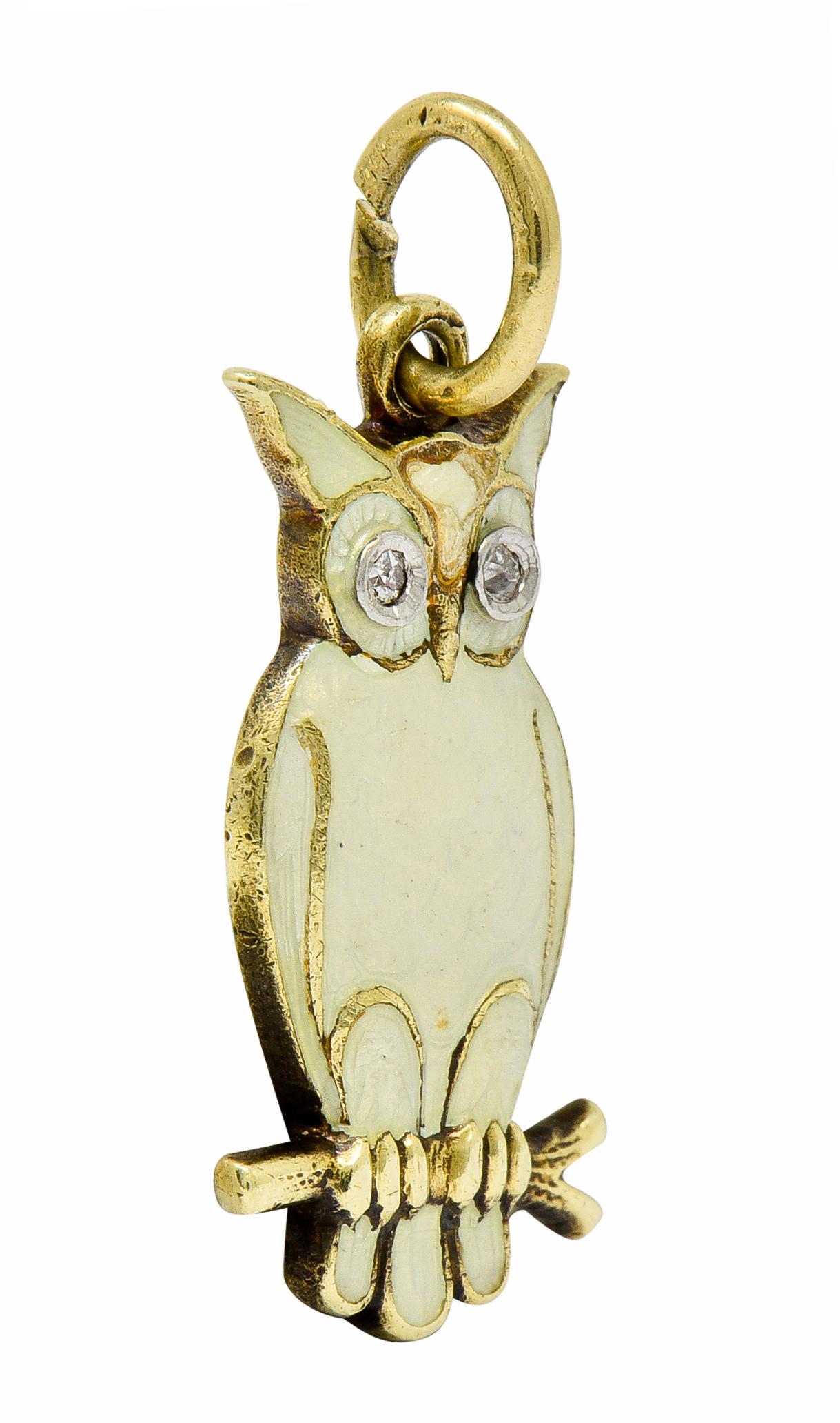 Round Cut Art Deco Diamond Enamel 14 Karat Gold French Owl Charm