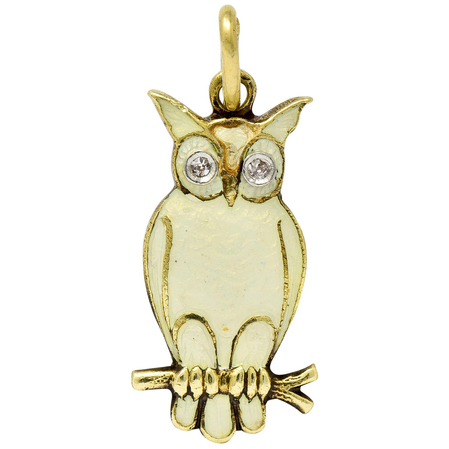 Art Deco Diamond Enamel 14 Karat Gold French Owl Charm