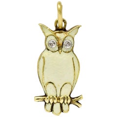 Vintage Art Deco Diamond Enamel 14 Karat Gold French Owl Charm