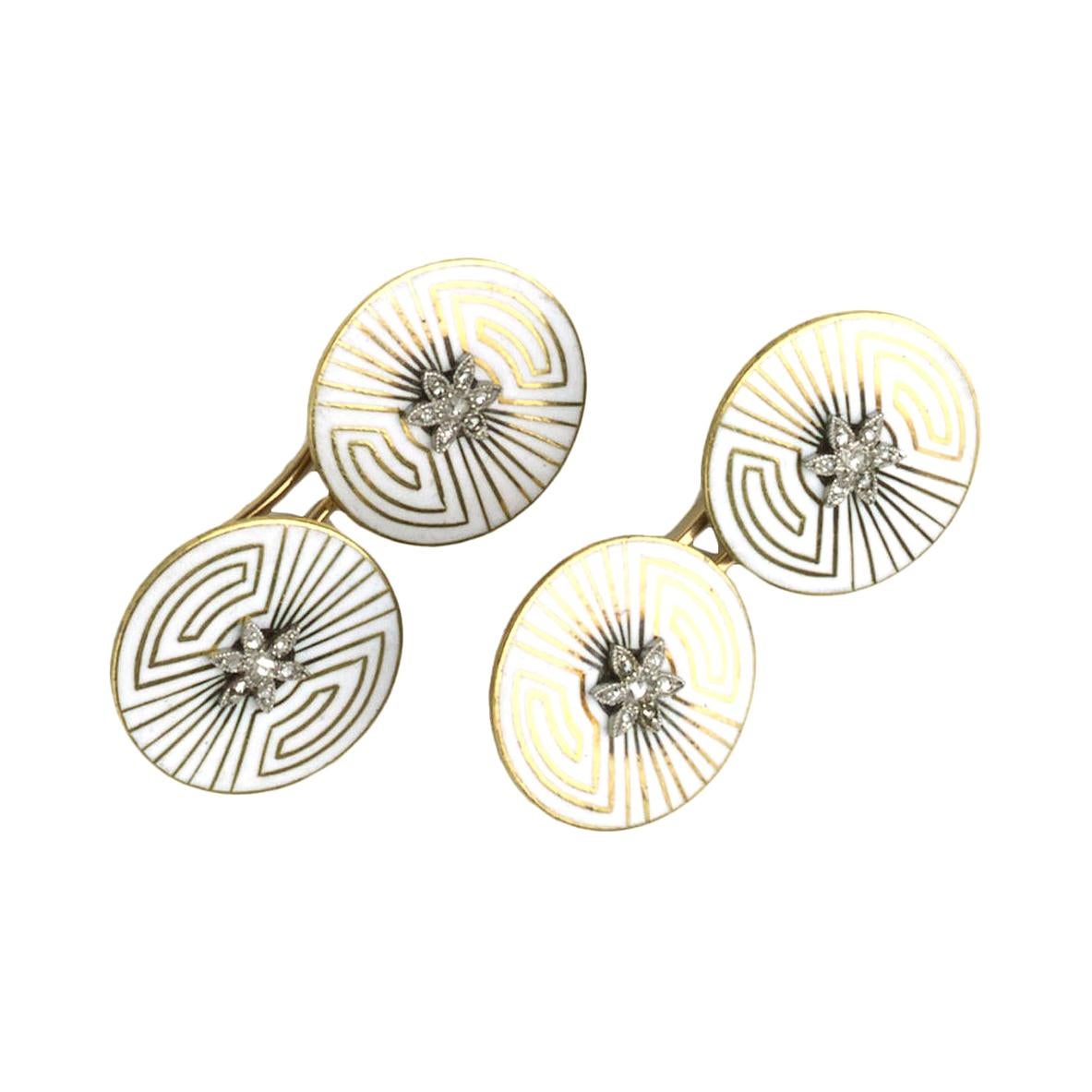 Art Deco Diamond, Enamel and Gold Cufflinks