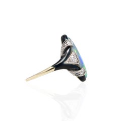 Art Deco Diamond, Enamel + Lightning Ridge Black Opal Ring
