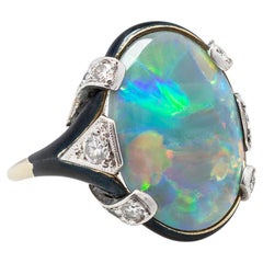 Art Deco Diamant, Emaille + Lightning Ridge Schwarzer Opal Ring