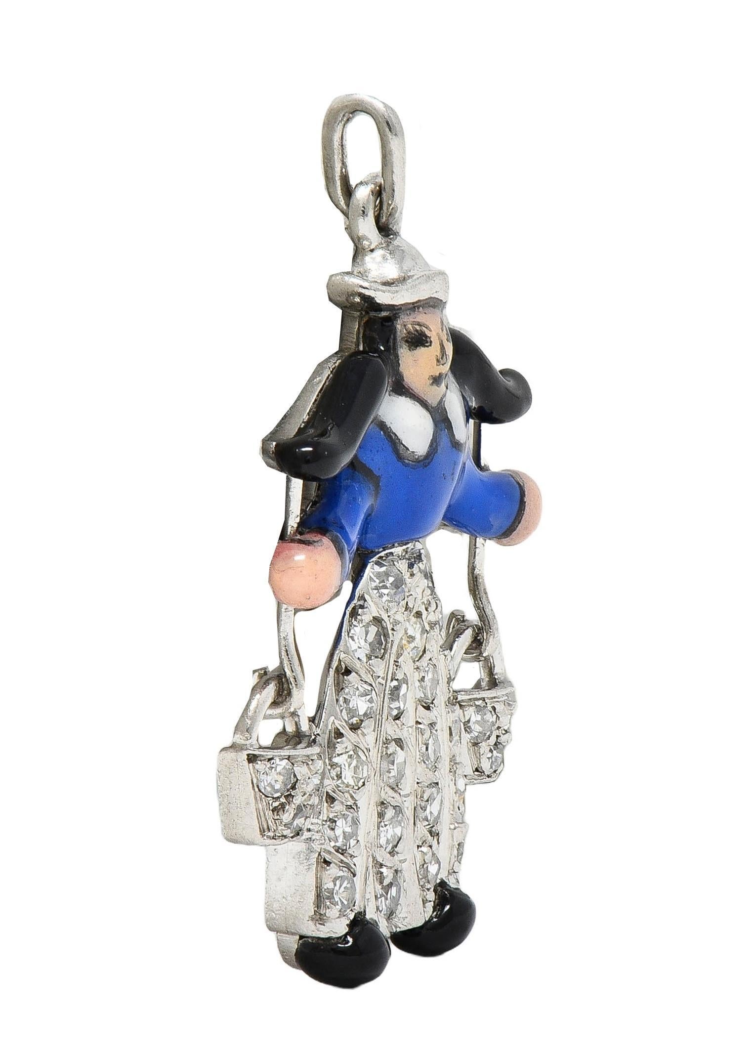 Single Cut Art Deco Diamond Enamel Platinum Dutch Milkmaid Yolk Buckets Vintage Charm For Sale
