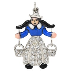 Art Deco Diamond Enamel Platinum Dutch Milkmaid Yolk Buckets Vintage Charm