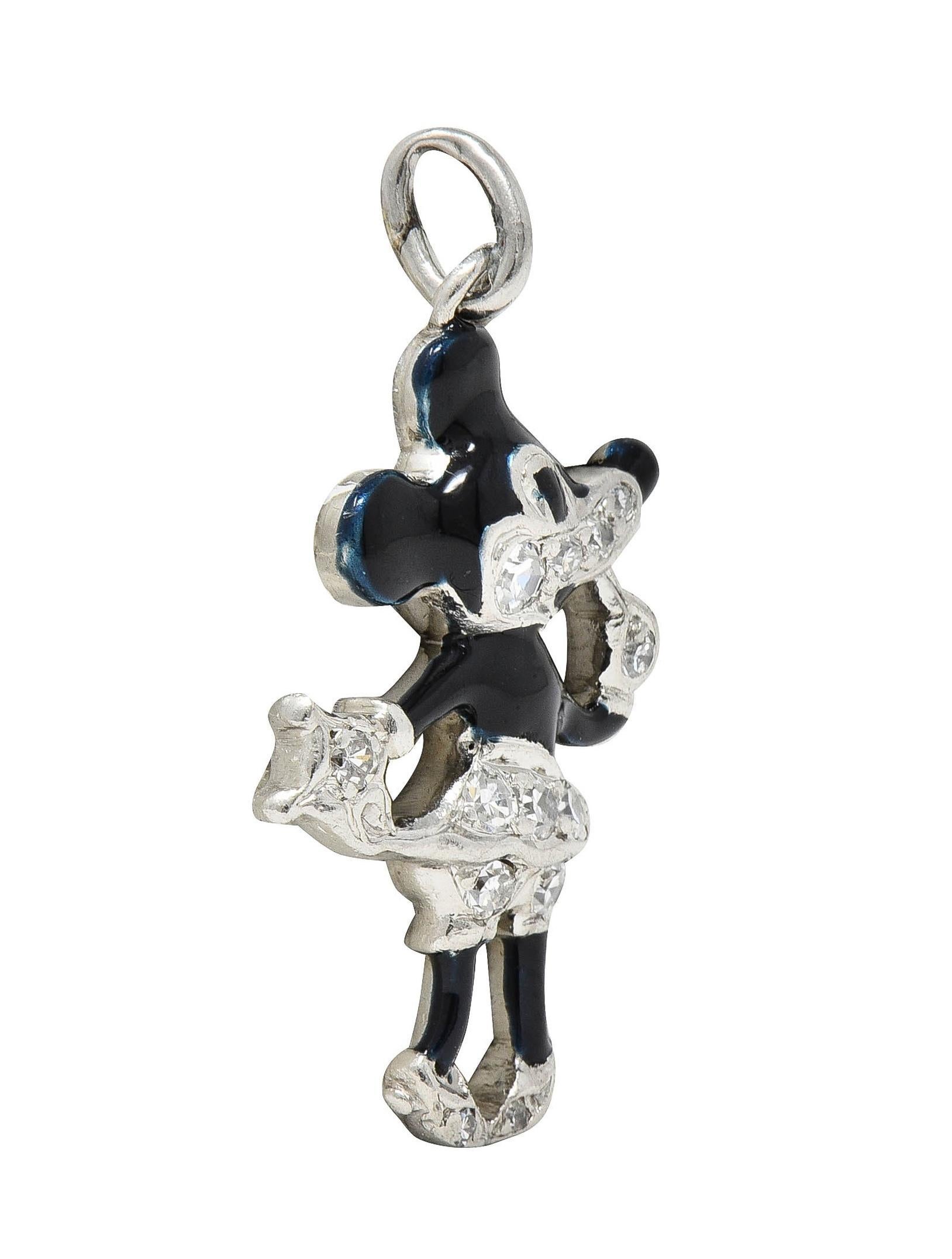 Art Deco Diamond Enamel Platinum Minnie Mouse Vintage Disney Charm In Excellent Condition In Philadelphia, PA