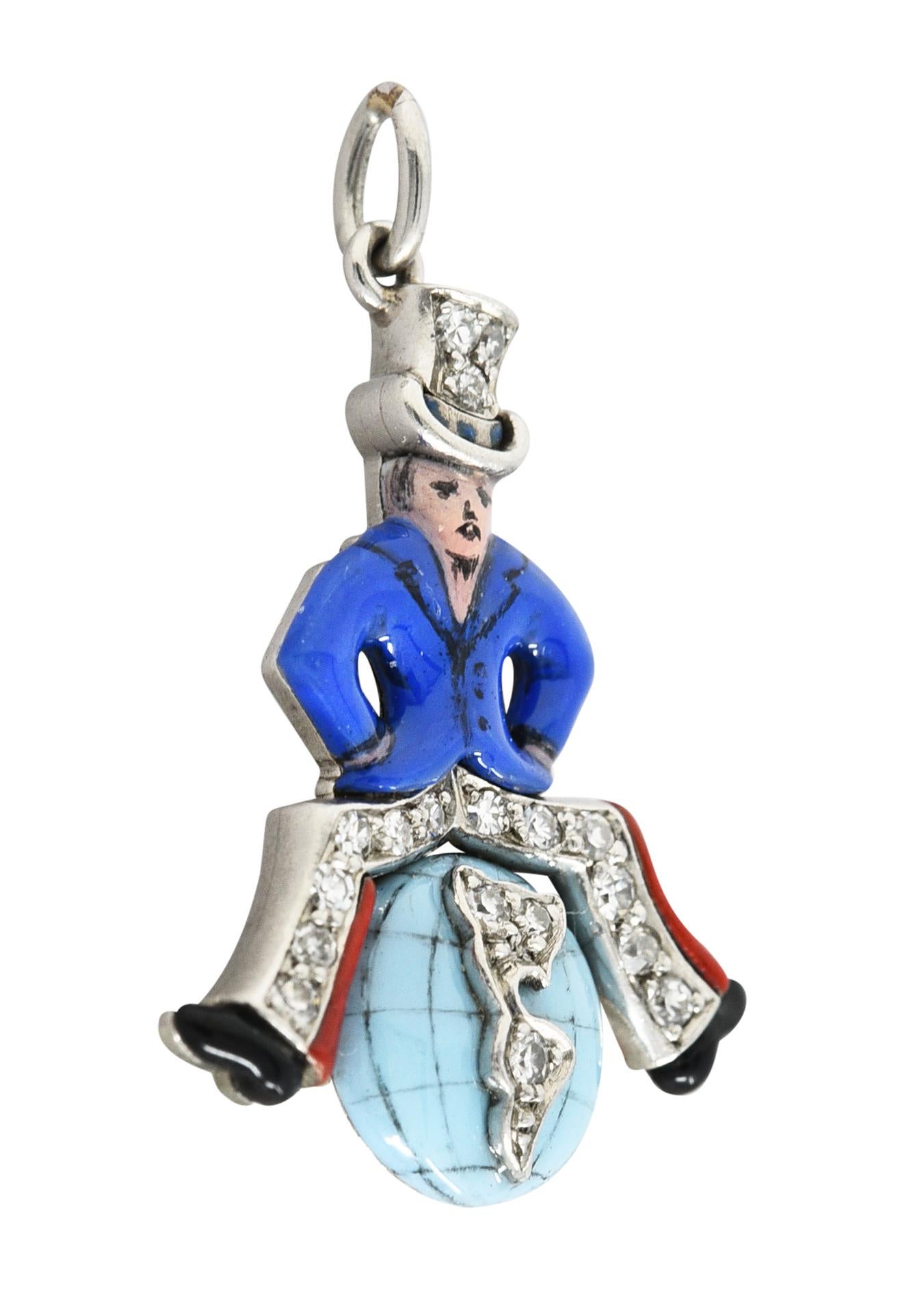 Designed as an Uncle Sam figure sitting atop a globe centering North and South America

Wearing a top hat, flared pants, and blue coat with enamel throughout

Opaque glossy royal blue, pastel blue, red and black - minimal loss consistent with