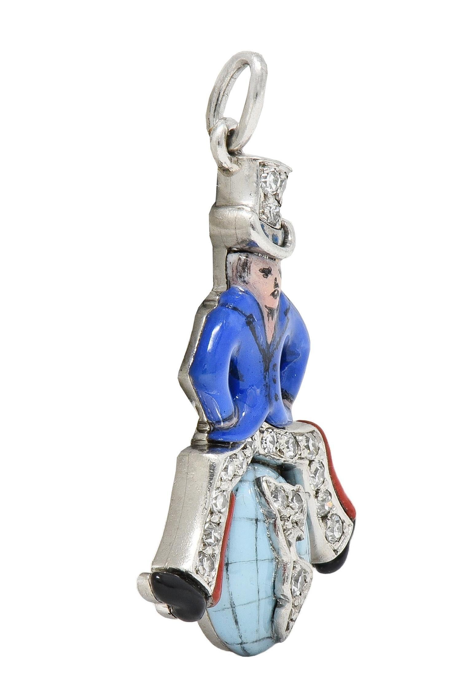Taille simple Art Deco Diamond Enamel Platinum Uncle Sam Vintage Globe Charm en vente