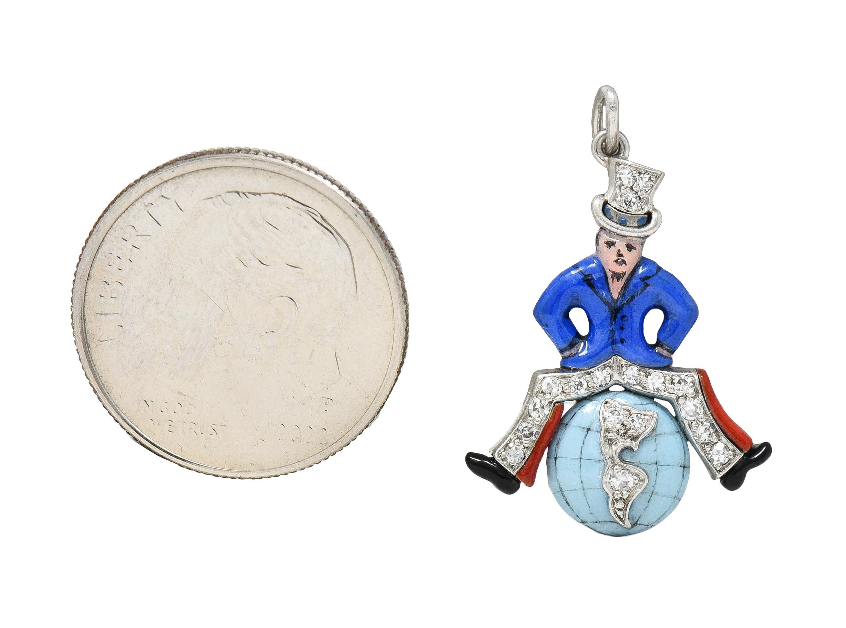 Art Deco Diamond Enamel Platinum Uncle Sam Vintage Globe Charm Excellent état - En vente à Philadelphia, PA