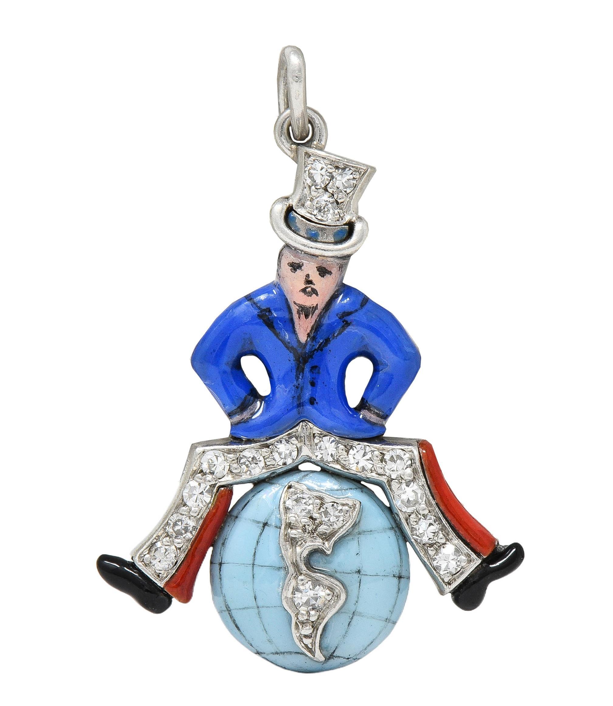 Art Deco Diamond Enamel Platinum Uncle Sam Vintage Globe Charm en vente 1