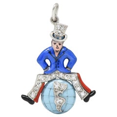 Art Deco Diamond Enamel Platinum Uncle Sam Vintage Globe Charm