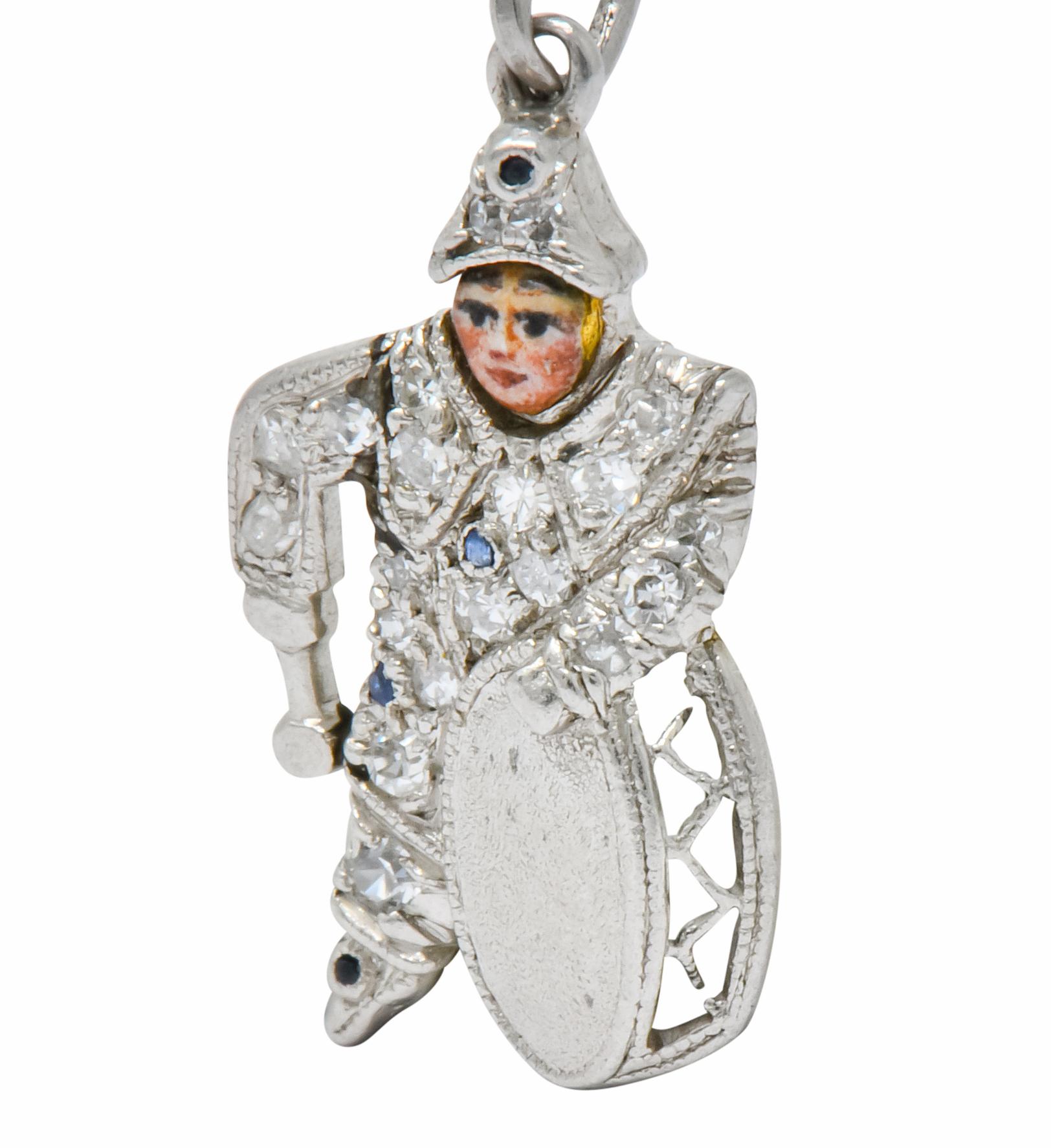 Art Deco Diamond Enamel Sapphire Platinum Drummer Boy Charm For Sale 1