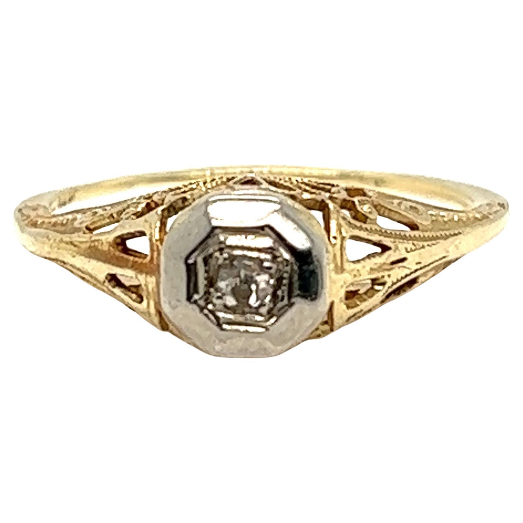 Anillo de compromiso de diamantes Art Decó .05ct talla vieja mina original de los años 20 Antiguo 14K