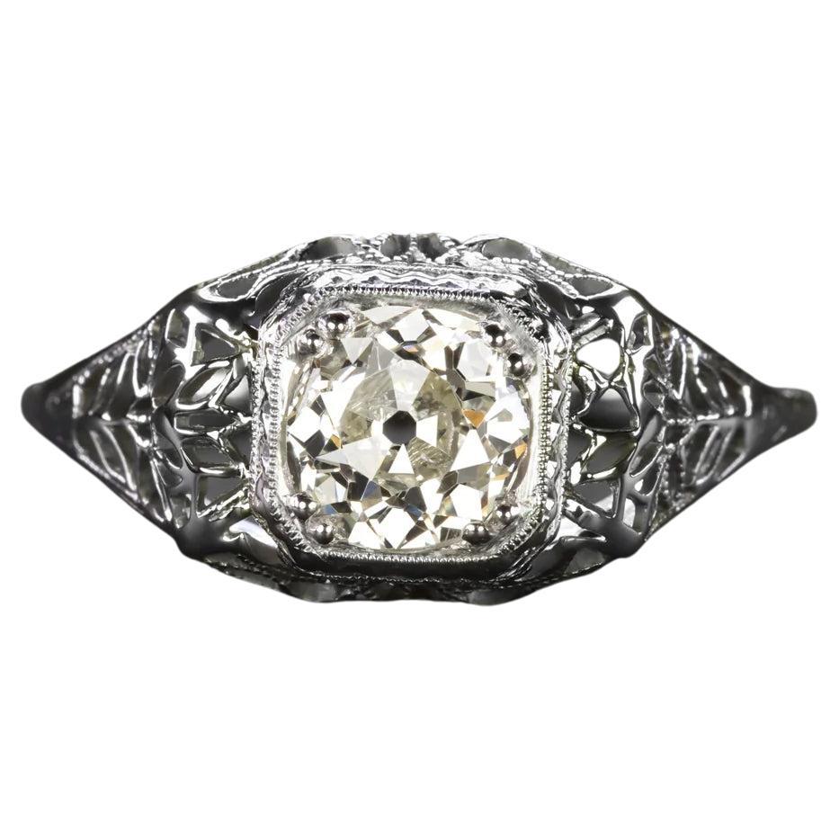 Art Decò Diamond Engagement Old European Cut 18k White Gold Vintage Ring