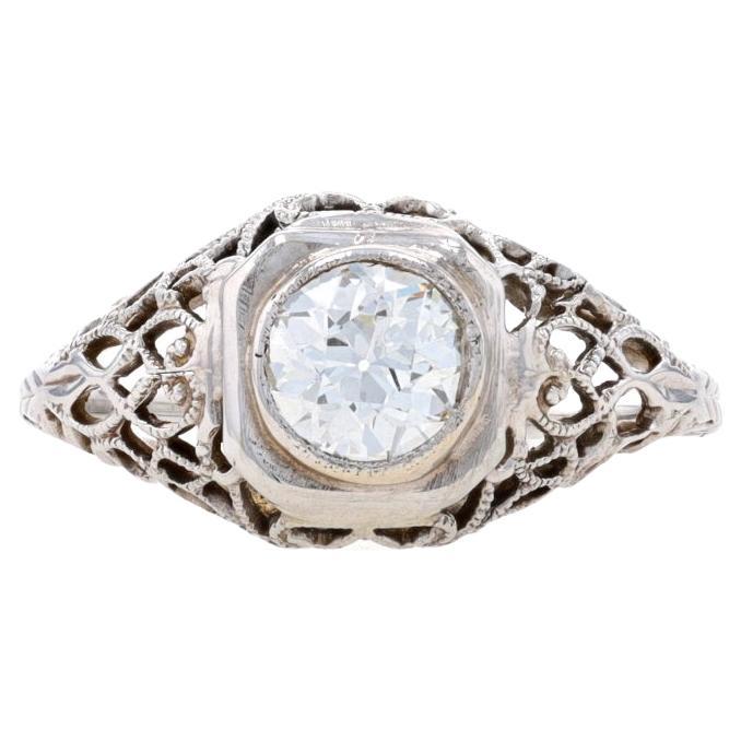 White Gold Diamond Art Deco Solitaire Engagement Ring 14k European .59ct Vintage