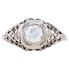 White Gold Diamond Art Deco Solitaire Engagement Ring 14k European .59ct Vintage