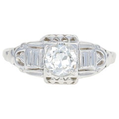 Art Deco Diamond Engagement Ring, 18 Karat Gold Euro Solitaire 0.42 Carat GIA