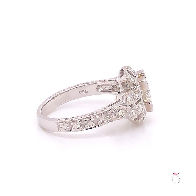 Women's Art Deco Diamond Engagement Ring, 18k White Gold, 1.34 Carats For Sale