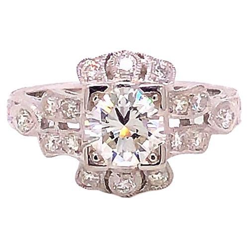 Art Deco Diamond Engagement Ring, 18k White Gold, 1.34 Carats For Sale