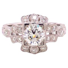 Retro Art Deco Diamond Engagement Ring, 18k White Gold, 1.34 Carats