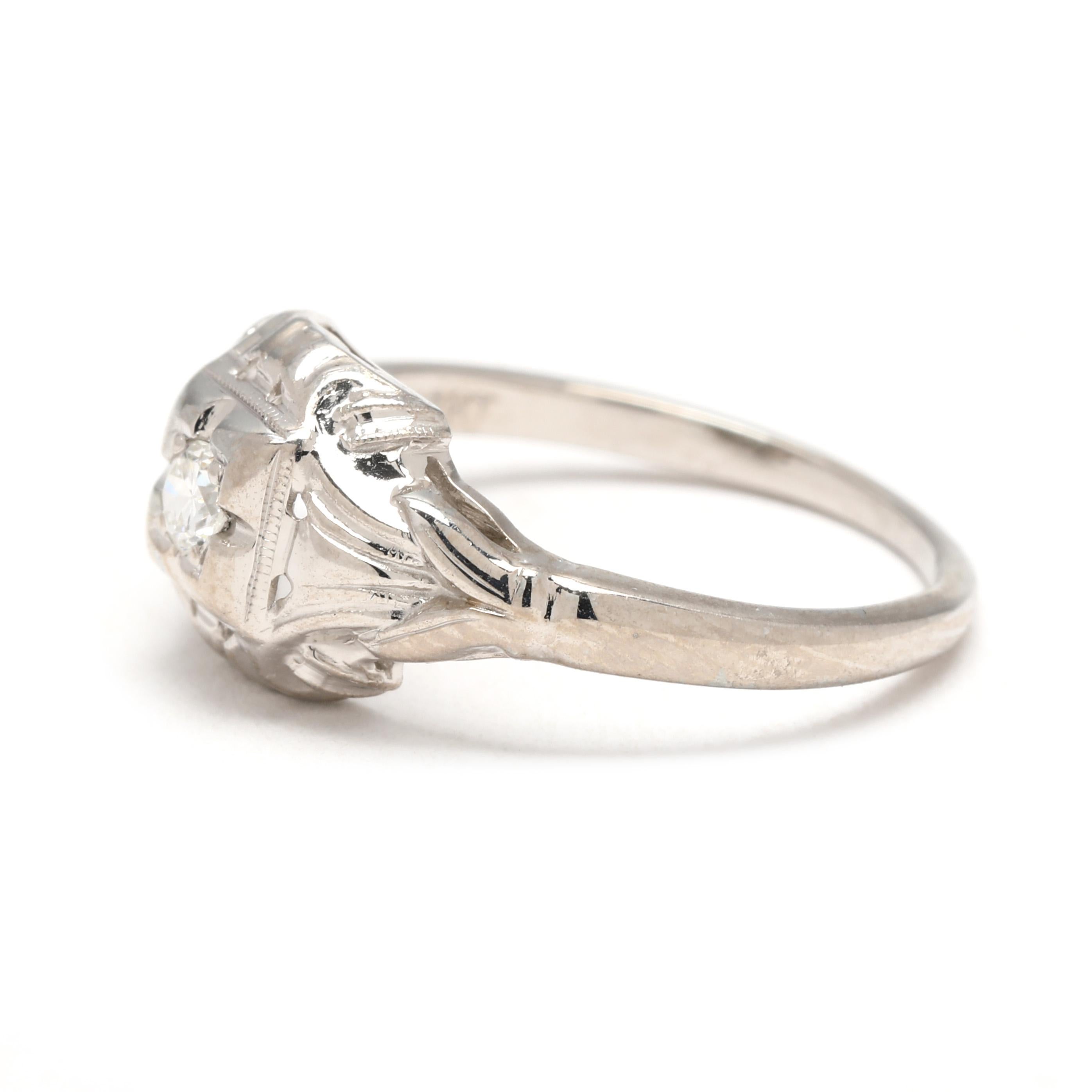 Taglio antico europeo Anello di fidanzamento con diamante Art Deco, oro bianco 18 carati, misura 4,25 in vendita