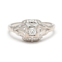 Art Deco Diamond Engagement Ring, 18k White Gold, Ring Size 4.25
