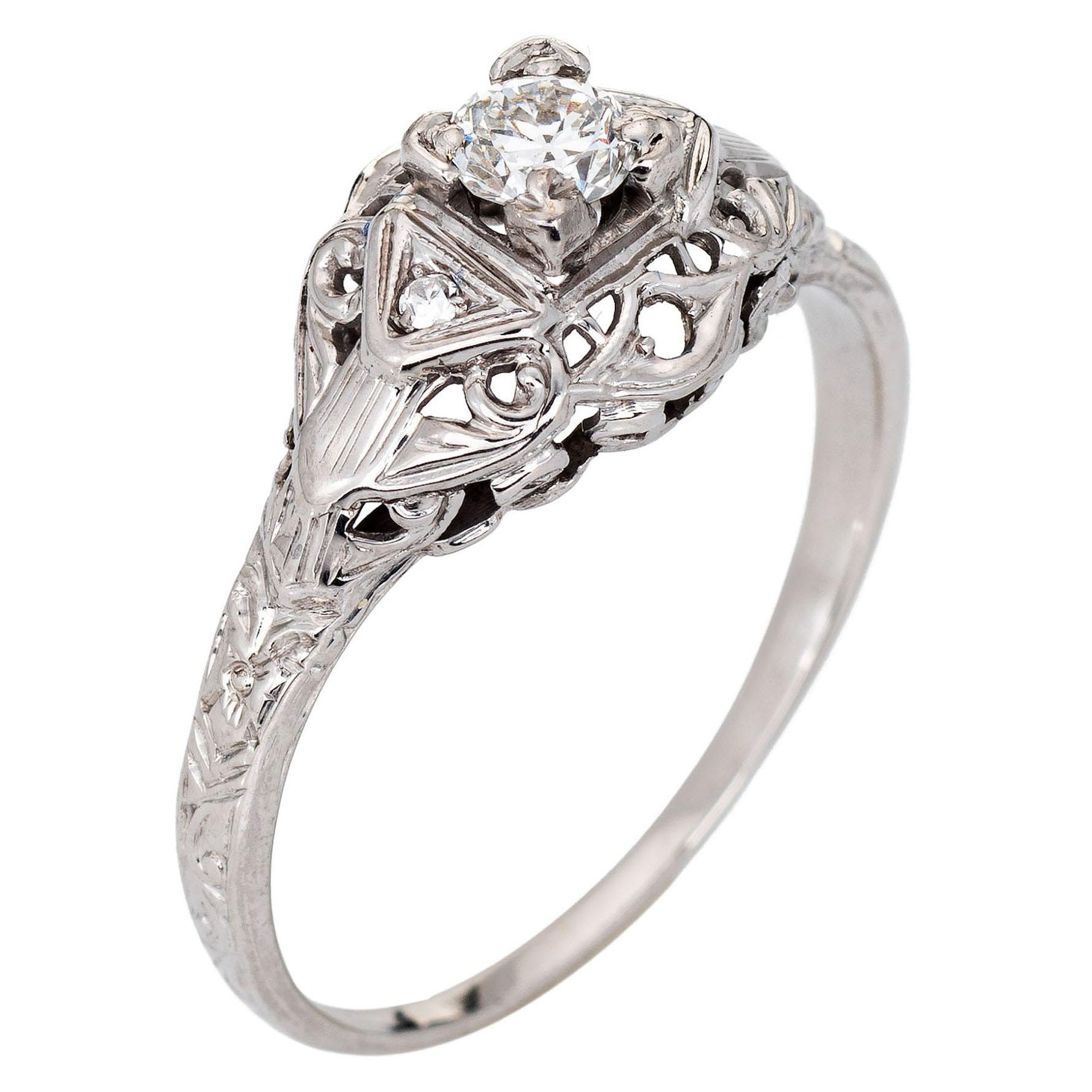 Art Deco Diamond Engagement Ring 18k White Gold Vintage Fine Jewelry