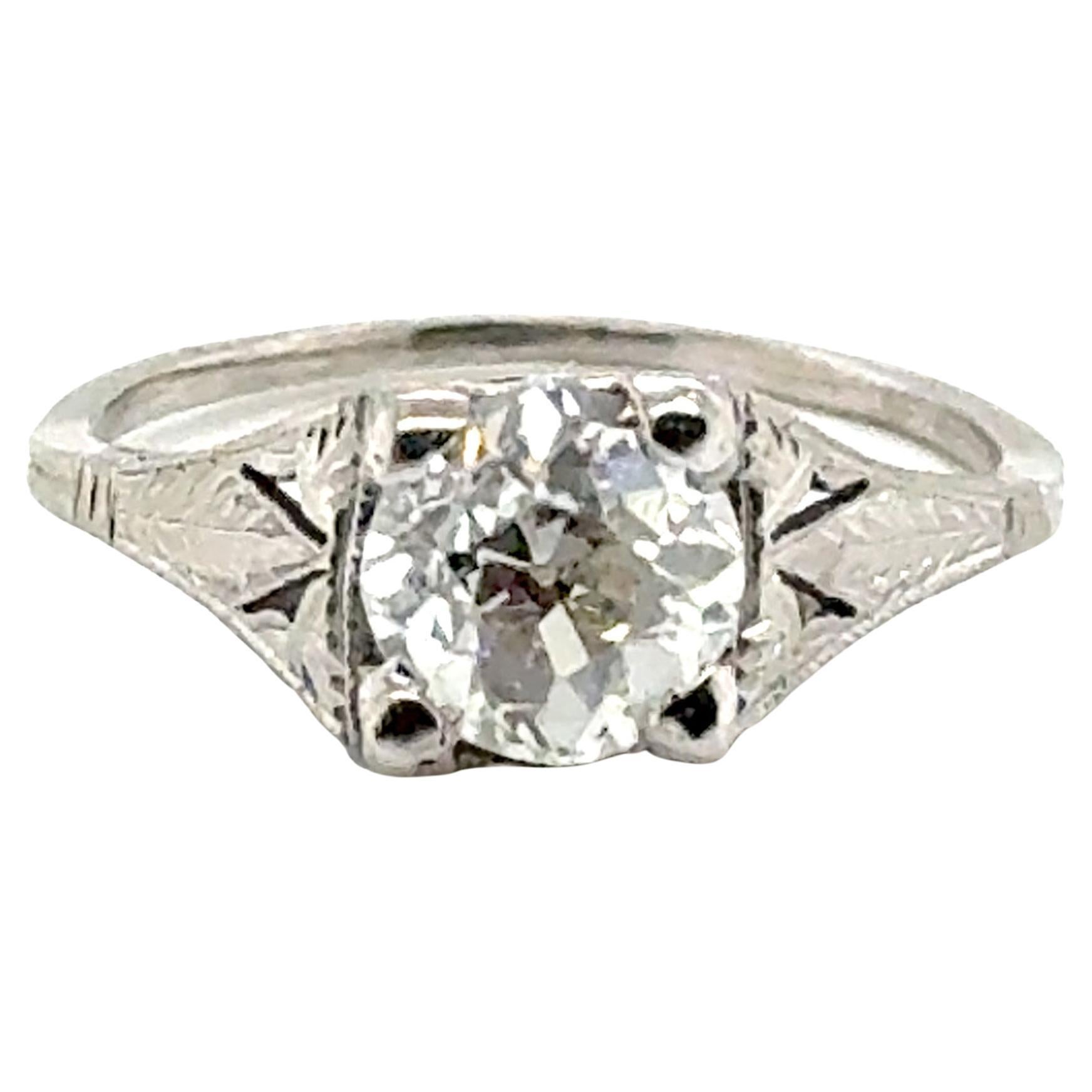 Bague de fiançailles Art Déco diamant 1ct platine GIA Old Euro Original 1920's