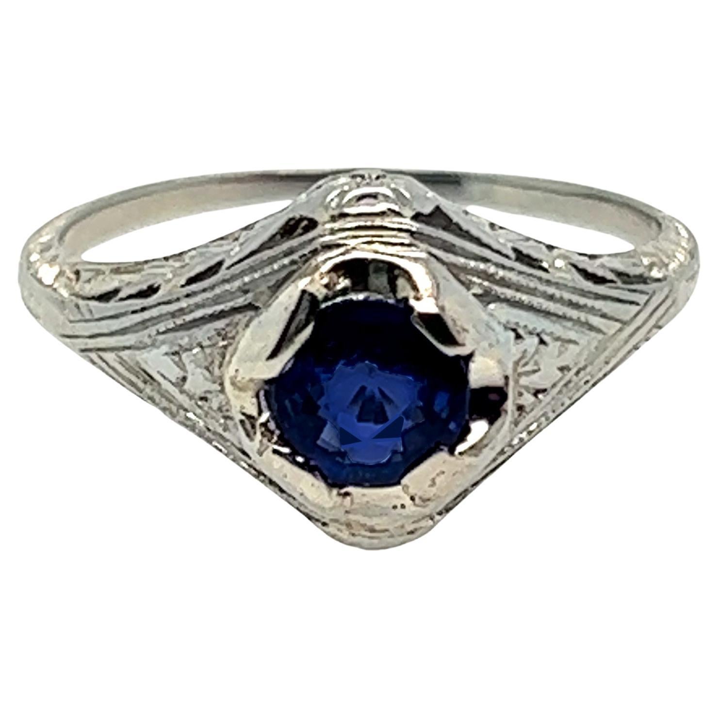 Art Deco Sapphire Solitaire Engagement Ring .65ct Original 1920s Antique 18K For Sale