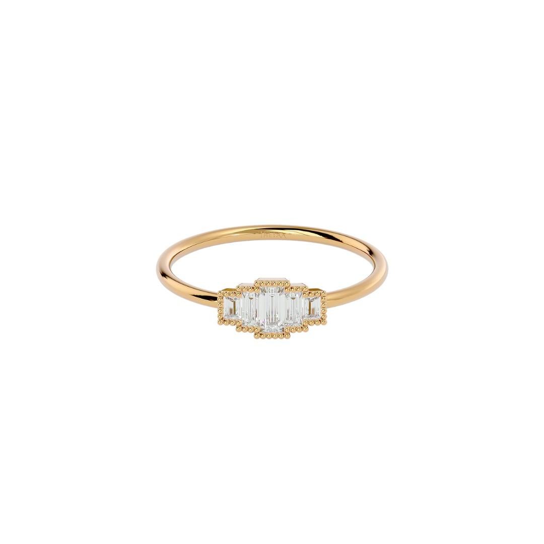 Elements
A stunning Art Deco inspired engagement ring with 5 staggered, beautiful baguette diamonds. The solid gold band wraps around the shape of your finger, creating an alternative engagement ring that is as unique as it is beautiful. This ring