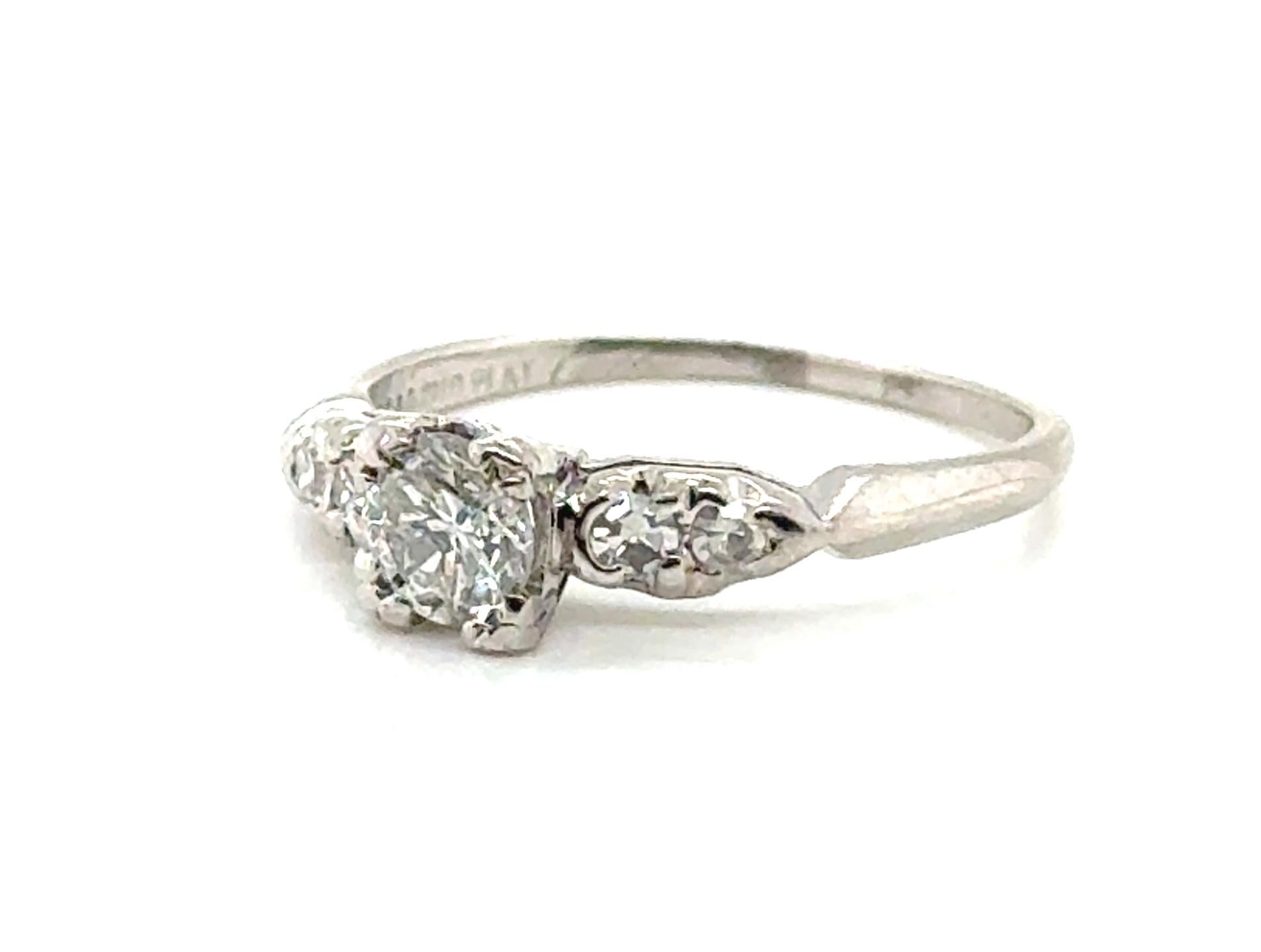 Round Cut Art Deco Diamond Engagement Ring Mined 1/2 Carat Original 1947 Platinum .50ct For Sale
