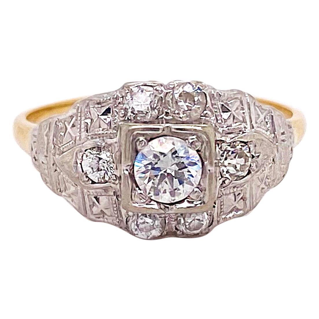 Art Deco Diamond Engagement Ring, Mixed Metal Old European Diamonds Wedding Band For Sale