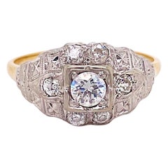 Vintage Art Deco Diamond Engagement Ring, Mixed Metal Old European Diamonds Wedding Band