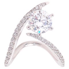 Retro Art Deco Diamond Engagement Ring, Round Stone Asymmetric Ring