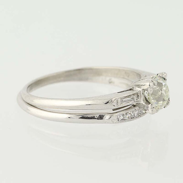 Art Deco Diamond Ring and Wedding Band, 900 Platinum Mine Cut .95 Carat ...