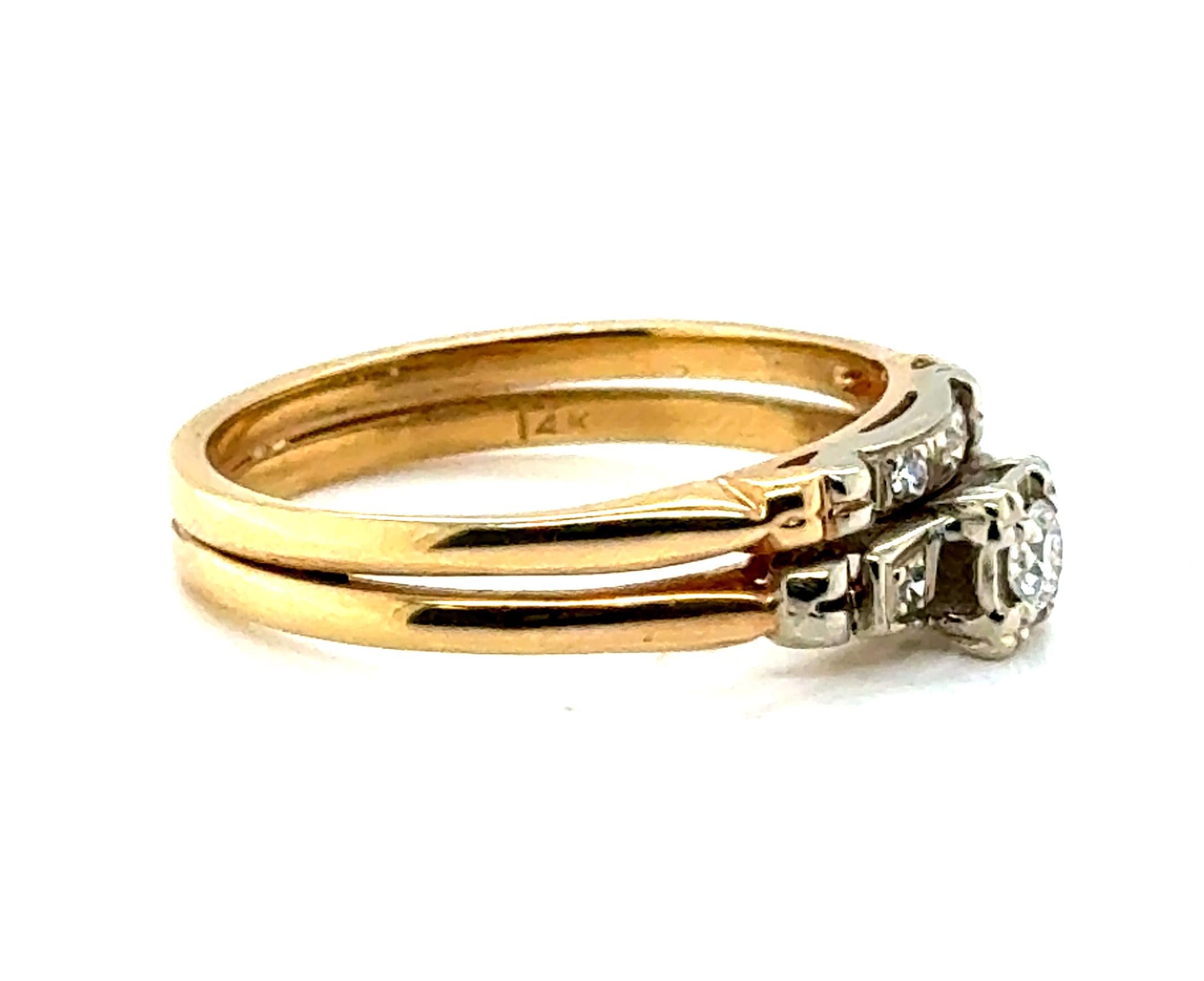 Round Cut Art Deco Diamond Engagement Ring Wedding Band Set Mined .20ct Original 1930's 14