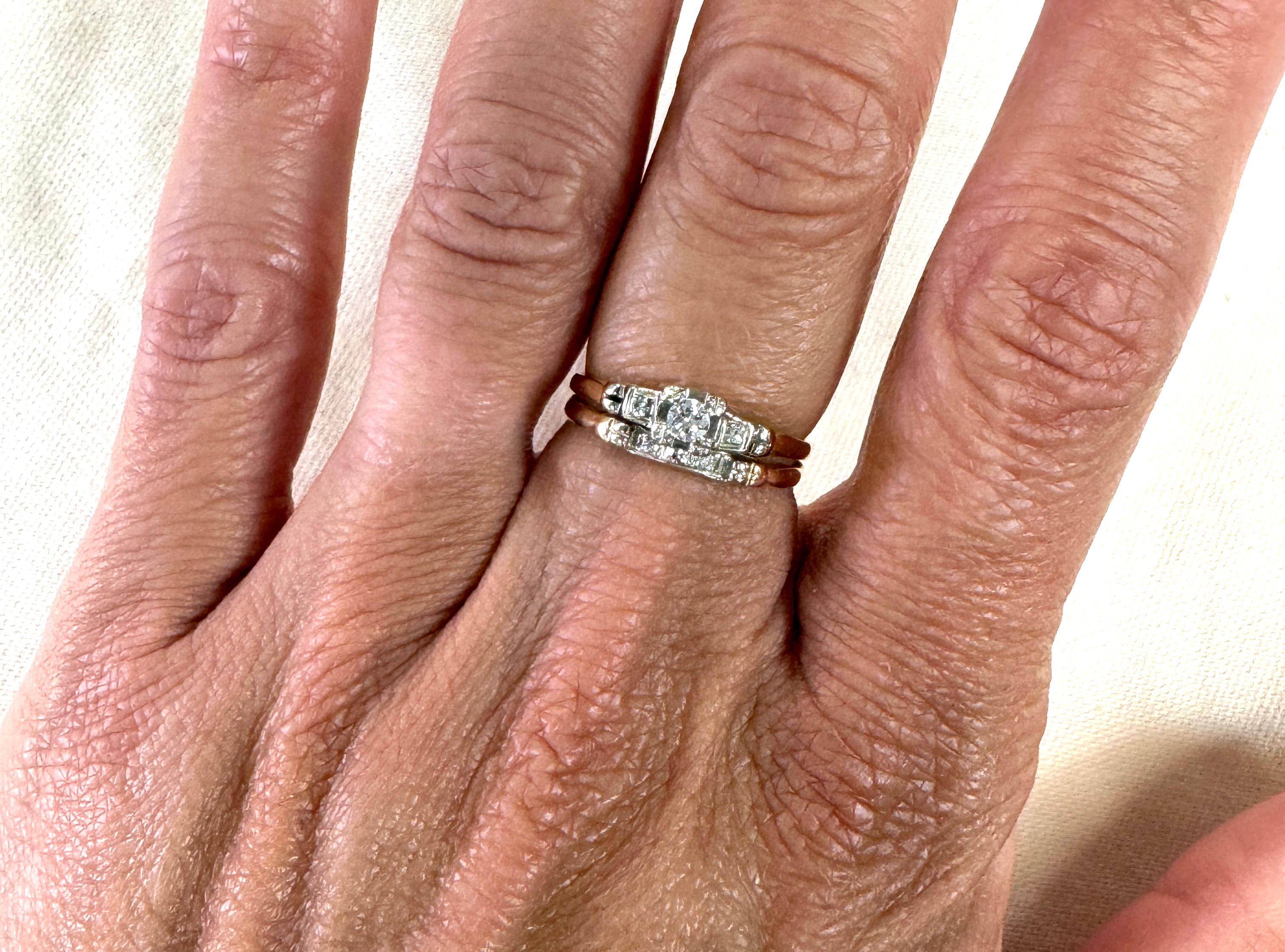 Art Deco Diamond Engagement Ring Wedding Band Set Mined .20ct Original 1930's 14 1