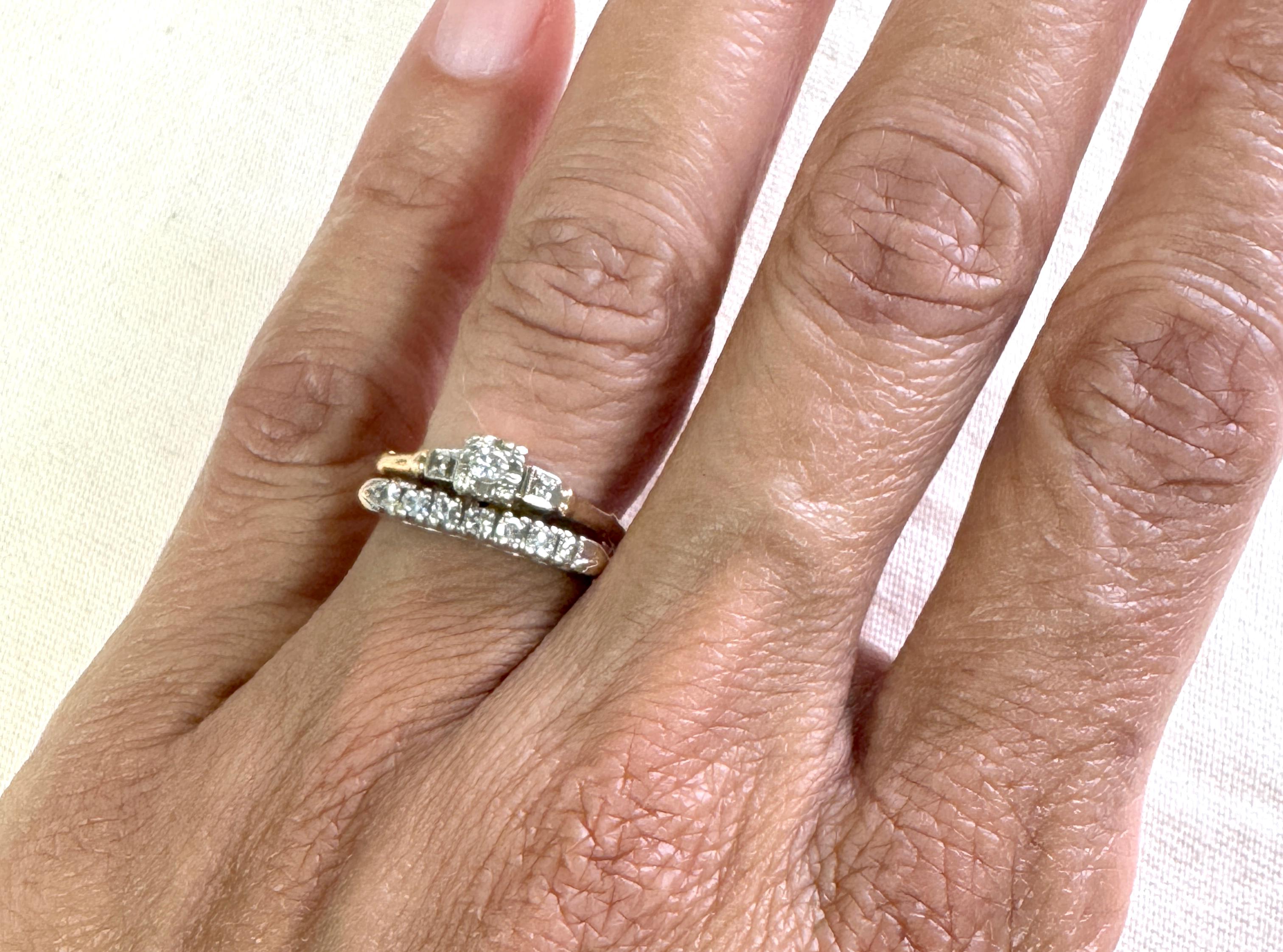 Donna Anello di fidanzamento con diamante Art Deco Set di fedi coniate .35ct Originale del 1930 14 in vendita