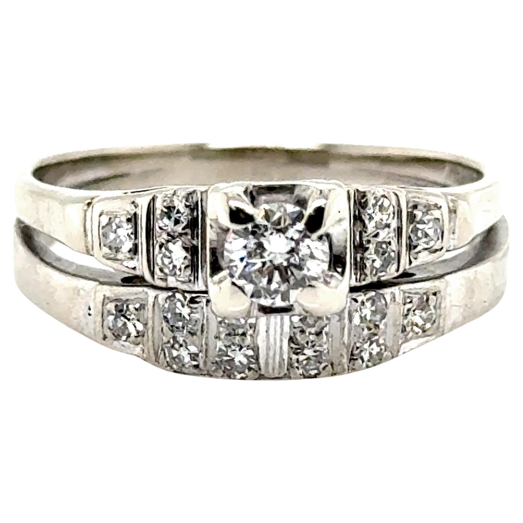 Art Deco Diamond Engagement Ring Wedding Band Set Mined .55ct Original 1930-1940