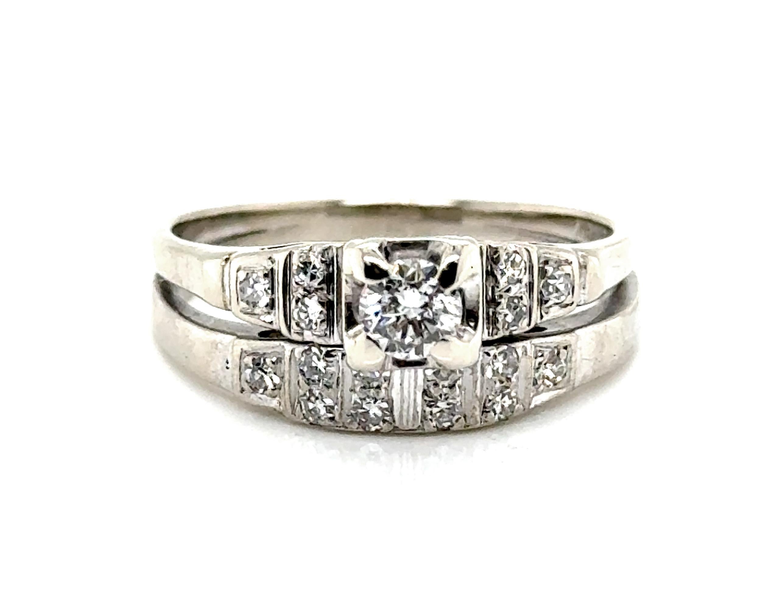 Art Deco Diamond Engagement Ring Wedding Band Set Mined .55ct Original 1930's-19